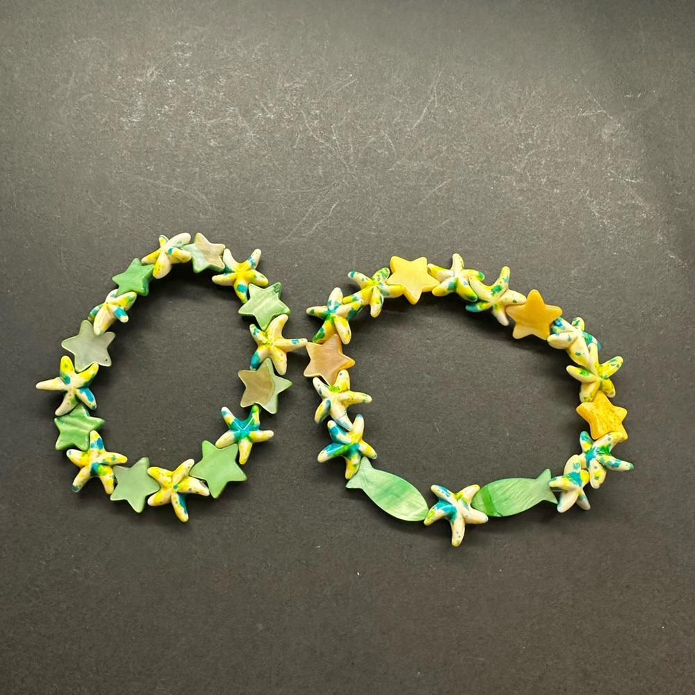 Hand Crafted Starfish and Leaf Kids Bracelet Set - Green, Yellow, Blue